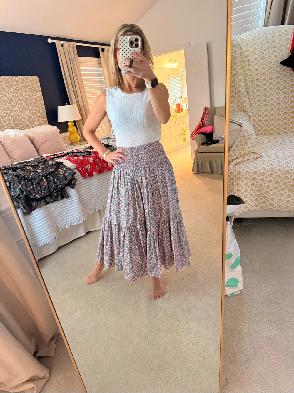 RHODE Pink Floral Tiered Midi Skirt